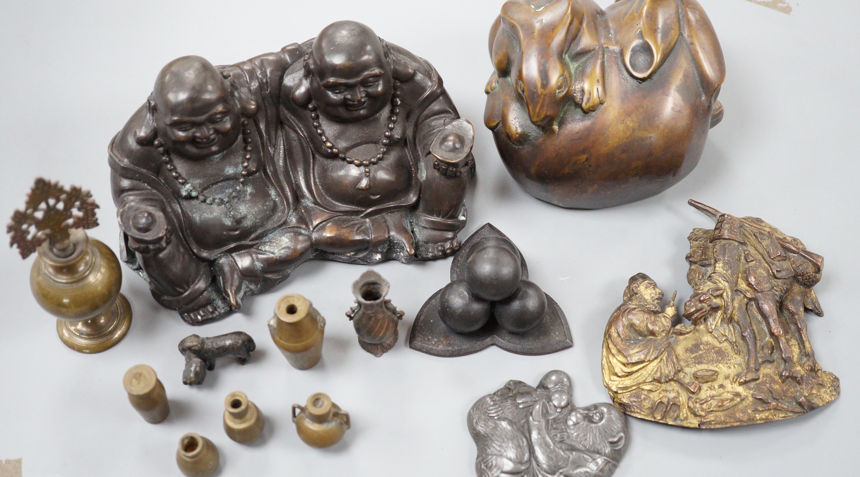 A bronze group of two rabbits, 11.5cm wide, a Chinese Buddha group and assorted metalware